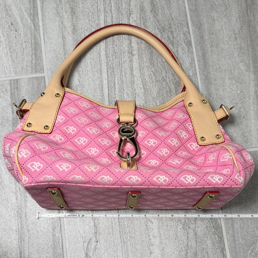 Dooney & Bourke Pink DB Monogram Canvas Satchel Leather Trim Hook Closure - Picture 11 of 11